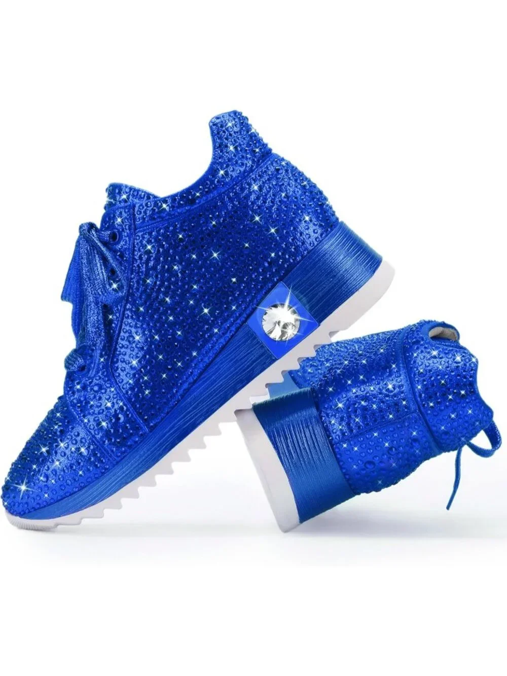 Women's Blue Glitter Sparkly Rhinestone High Top Trendy Sequin Fashion Sneakers